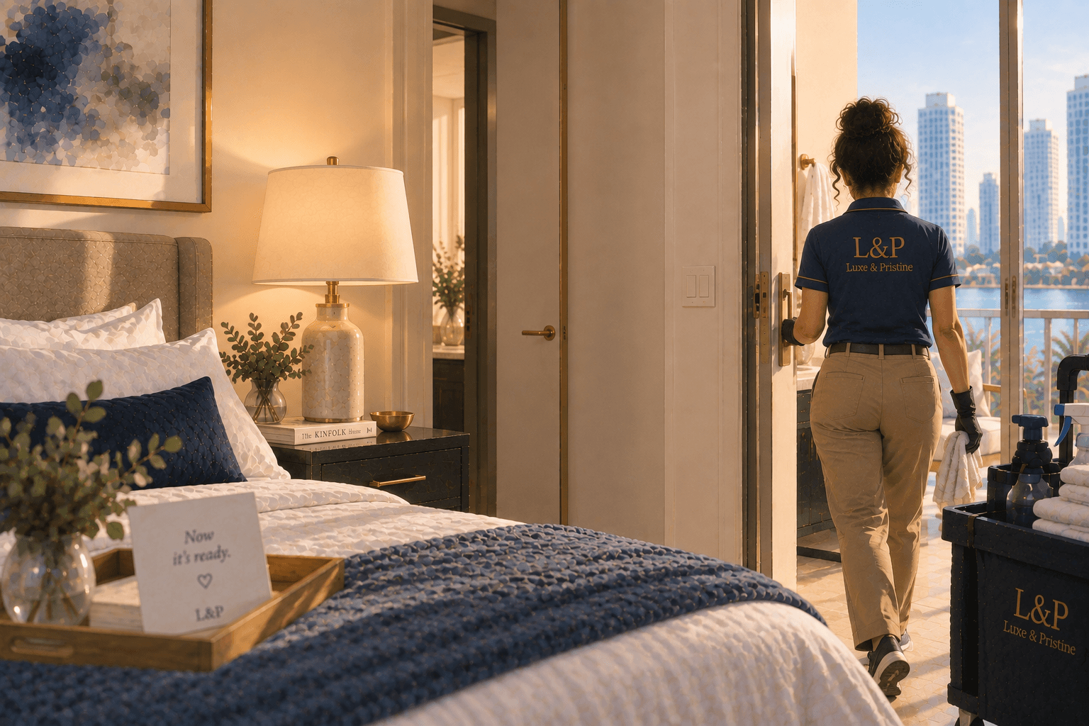 Cleaner saliendo de la habitación con la lámpara ya encendida y la unidad completamente lista