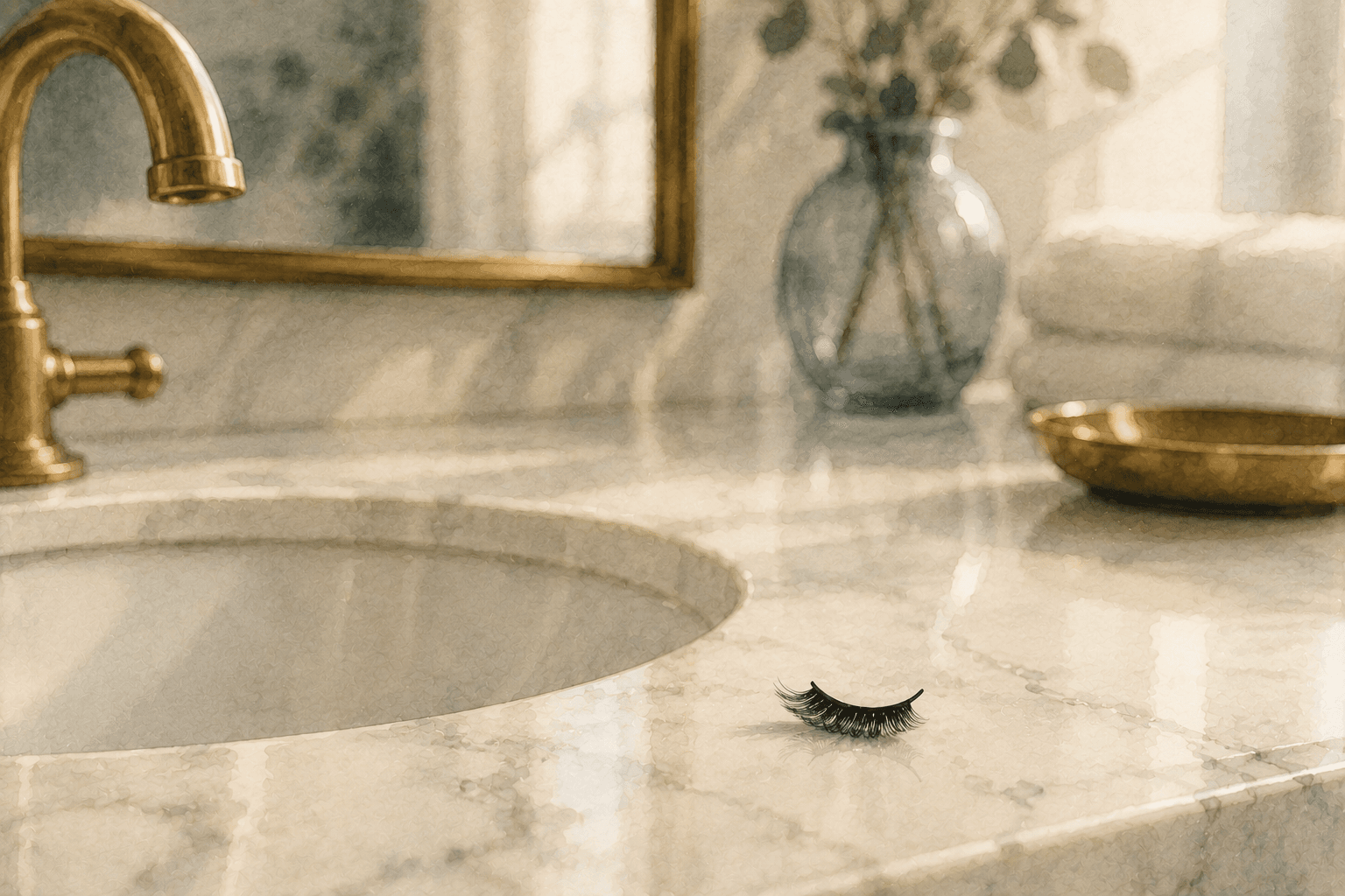 Pestaña postiza sobre un lavamanos de mármol blanco en un baño moderno