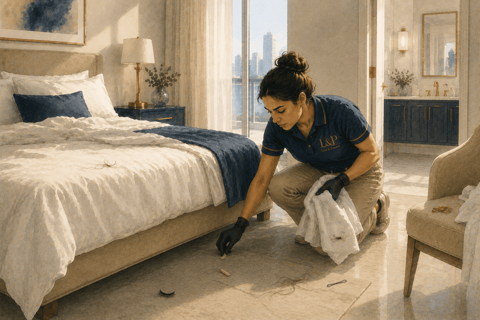 Cleaner encontrando pequeños rastros junto a una cama y una toalla blanca