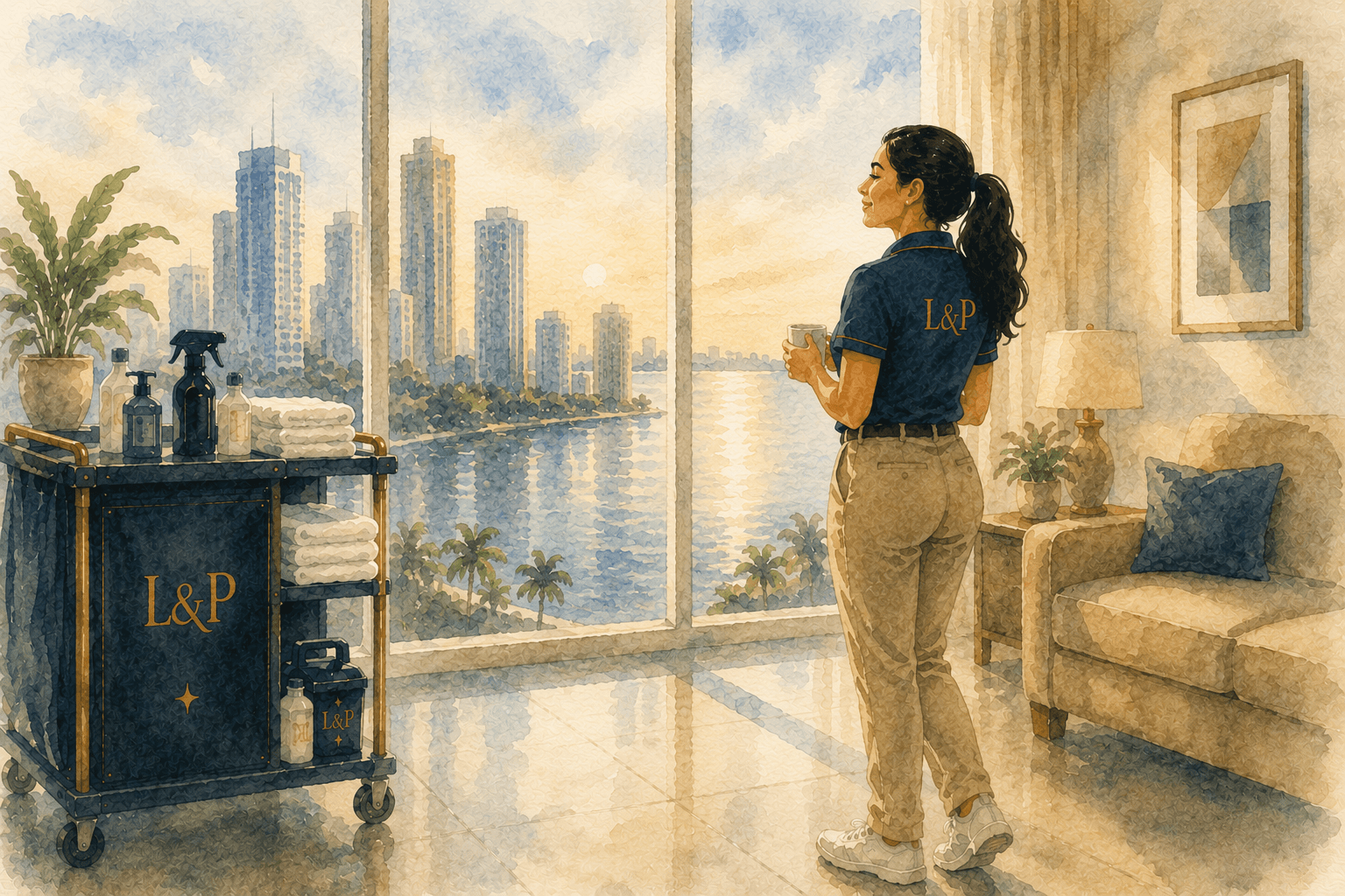 La cleaner observando el apartamento terminado