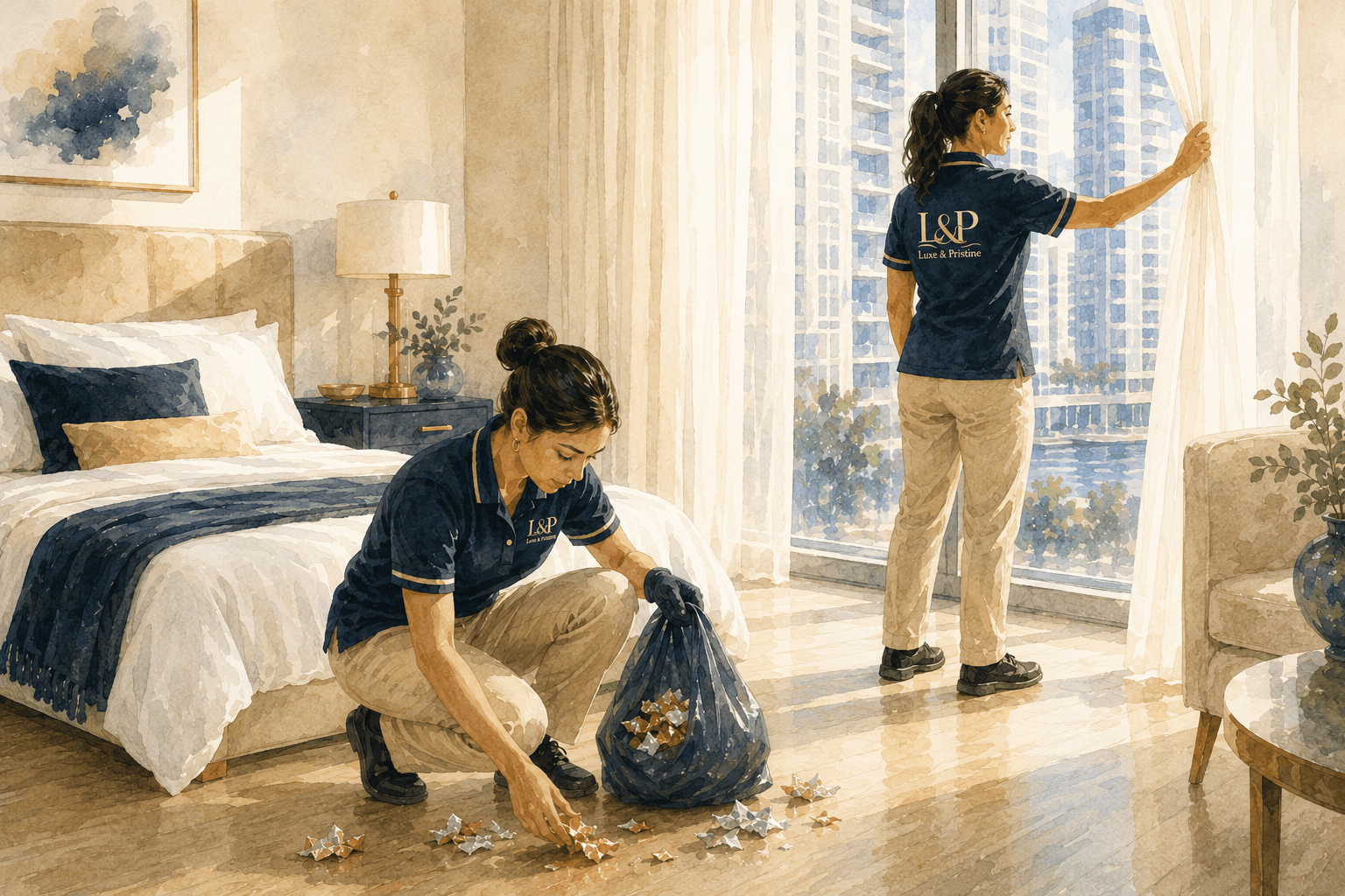 Dos cleaners recogiendo pequeños restos mientras entra la luz por las ventanas