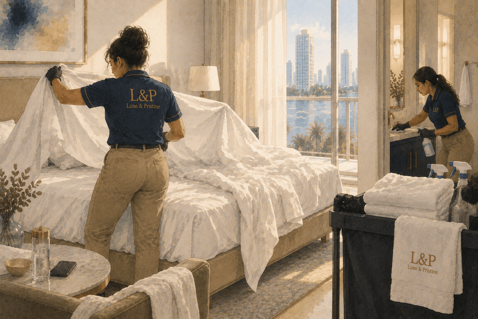 Dos cleaners trabajando en distintas áreas de una unidad al comenzar un turnover